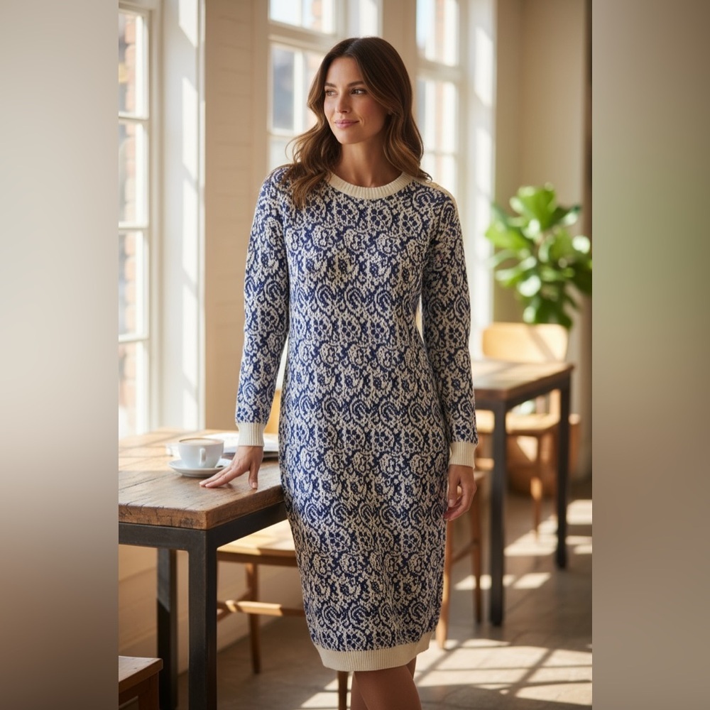 VINTAGE Knit Blue&Ivory Printed Long Sleeve Button Detail Shoulder Padded Dress